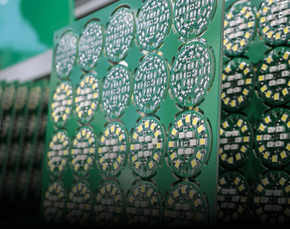 Painéis de placas de LED enfileirados na saída da linha de montagem